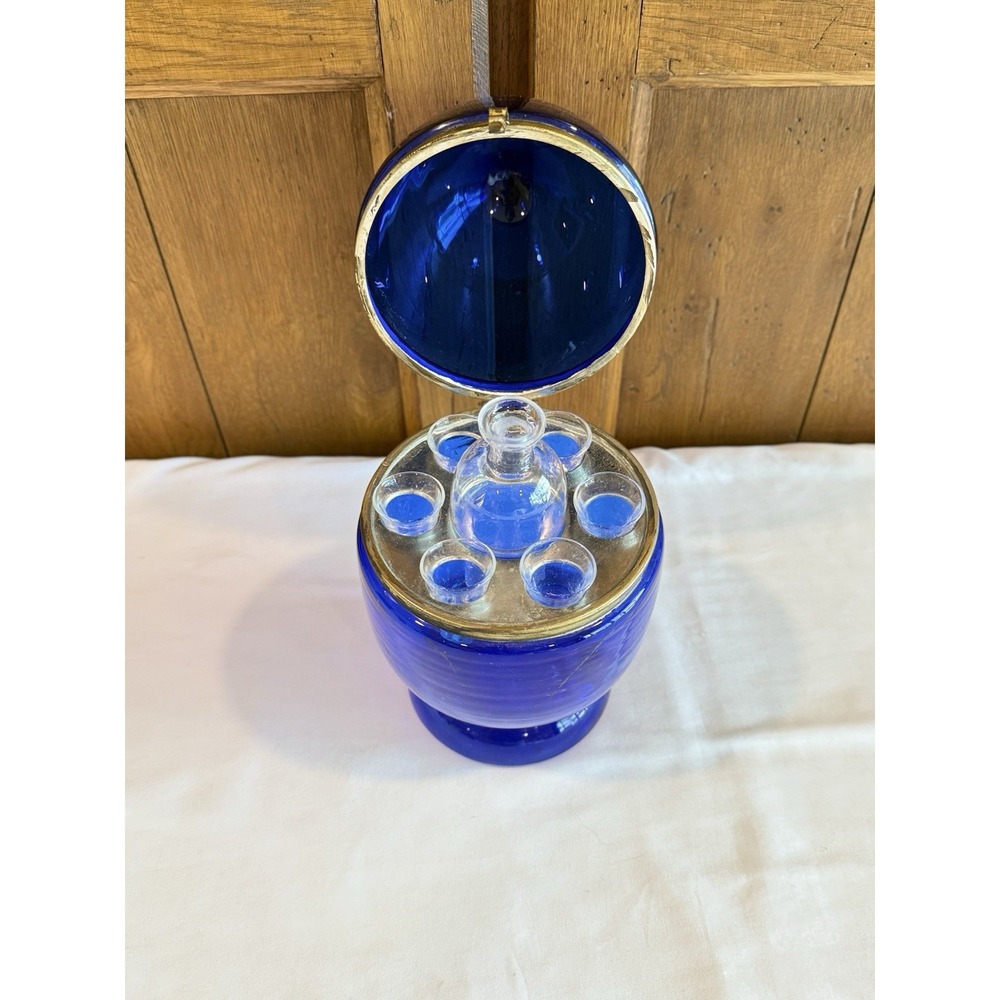 Vintage Cobalt Blue 9" Egg Tantalus Decanter Bohemian Czech Glass Hinged Dome